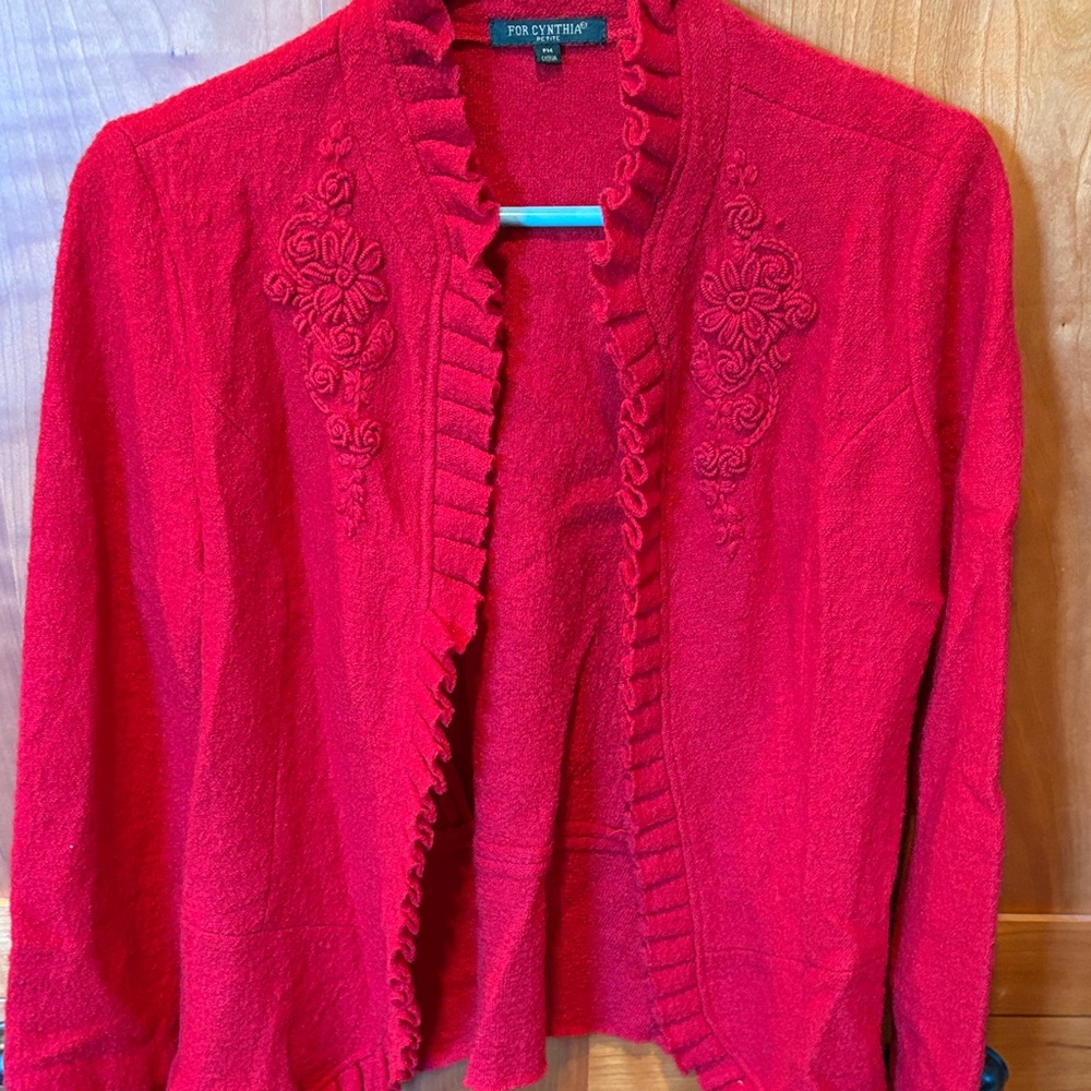 For Cynthia Vibrant Red Cardigan with Embroidery